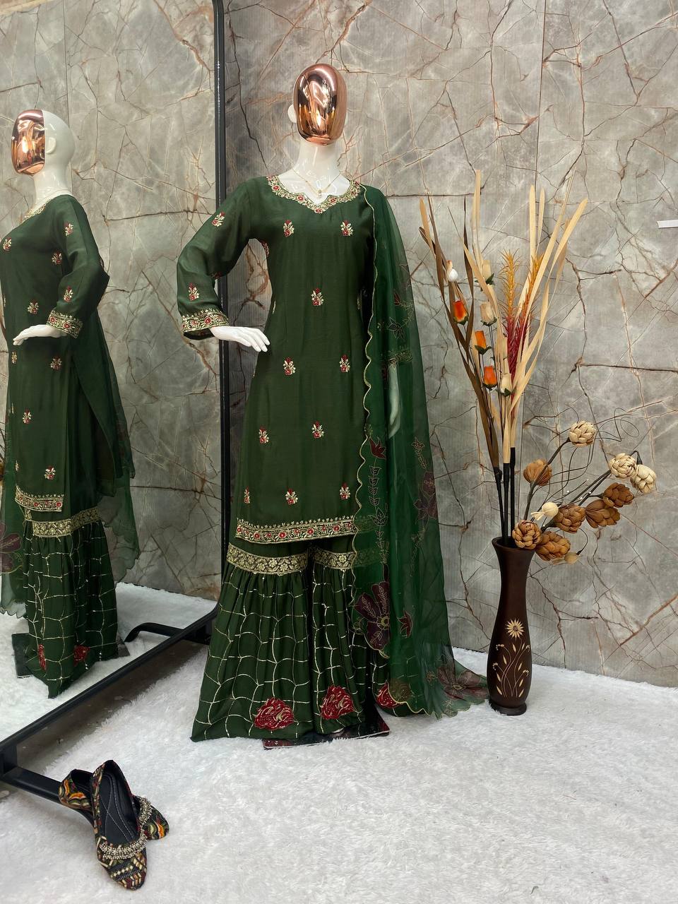 *EXCLUSIVE DESIGNER HEAVY CHINON WITH SEQUANCE EMBROIDERY WORK SUIT WITH FULL FLAIR WORK SHARARA AND DUPATTA*