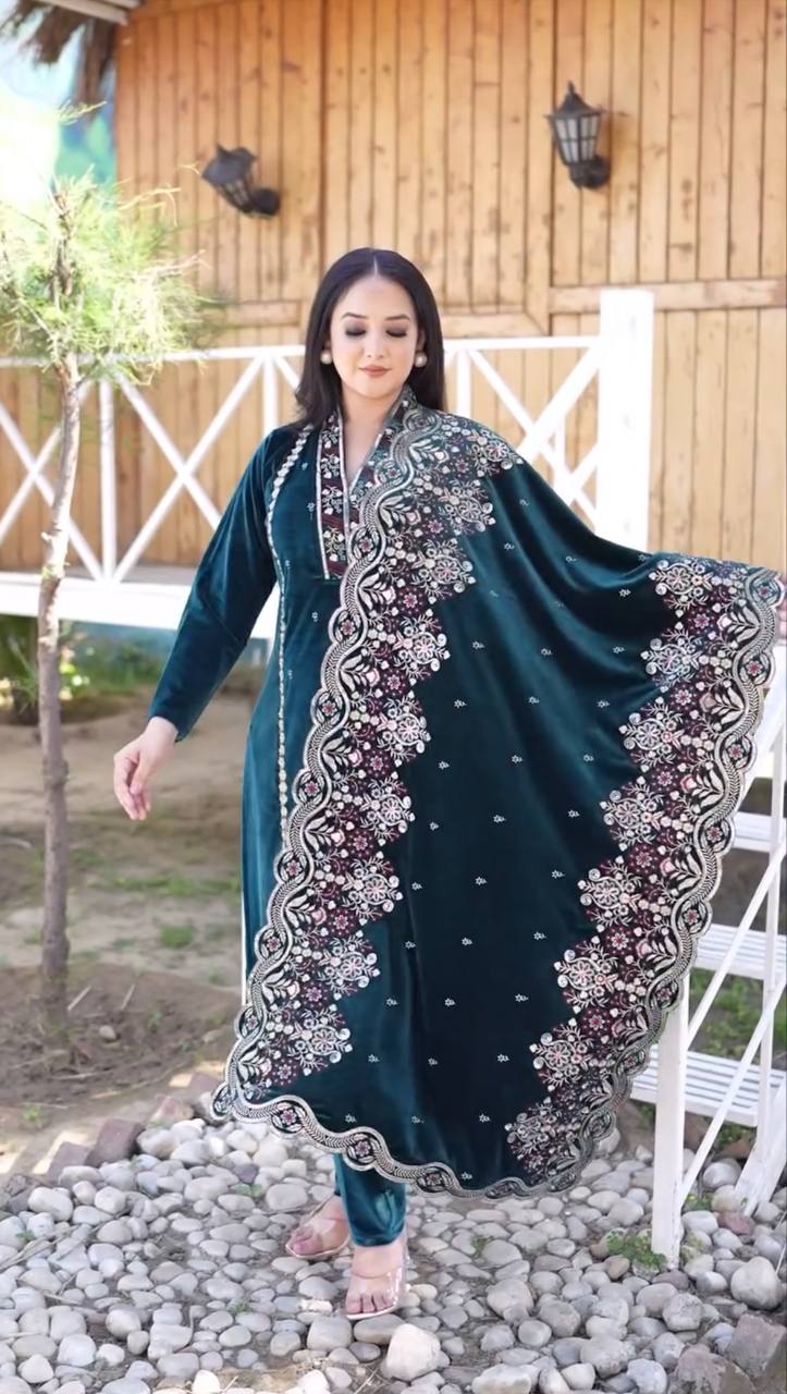 *ADORABLE HEAVY VELVET  SEQUENCE EMBROIDERY WORK SUIT WITH PLAZO AND DUPATTA*