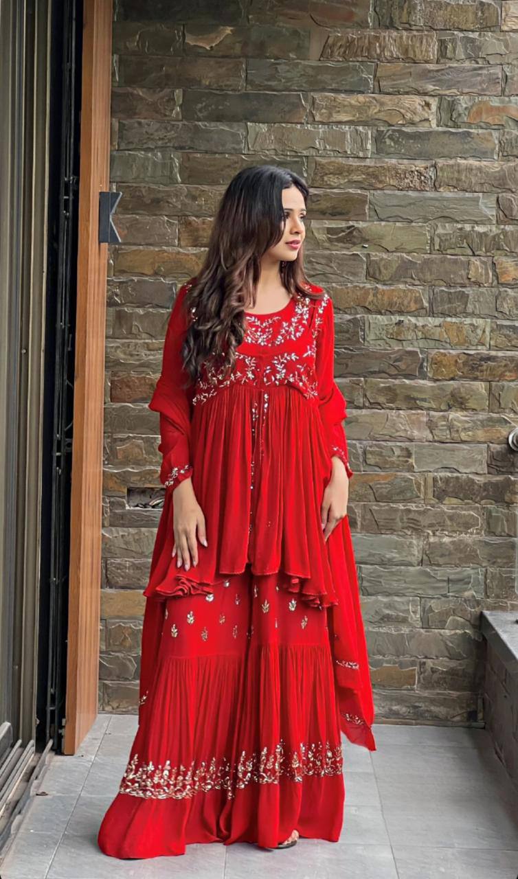 Looking for this same colour beautiful Designer Suit On Faux Georgette febric with inner & Thred work and Sharara Plazoo on also Faux Georgette febric with inner & Thred work and Dupatta on also Faux Georgette febric Thred work